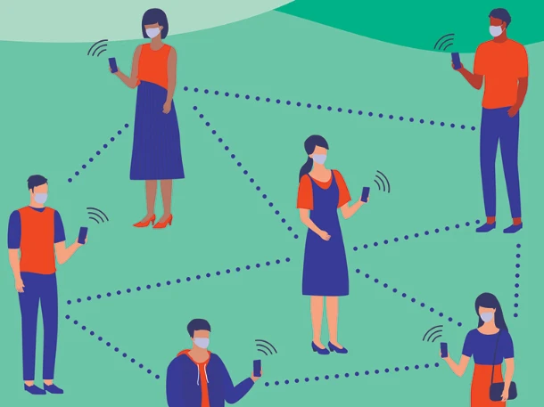 illustration of people using their phones and connected to dotted lines